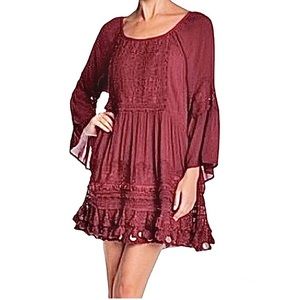 RAGA Bell Sleeve Coin Tassel Hem Mini Dress Boho Lace Embroidered M Burgundy Red